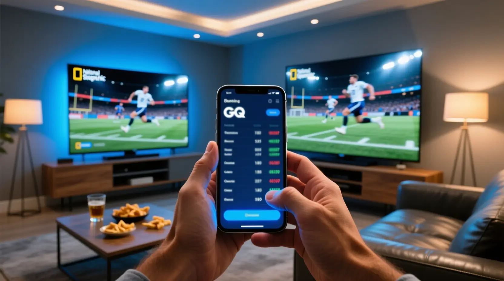 Mãos a segurar smartphone com interface de apostas ao vivo durante jogo de futebol