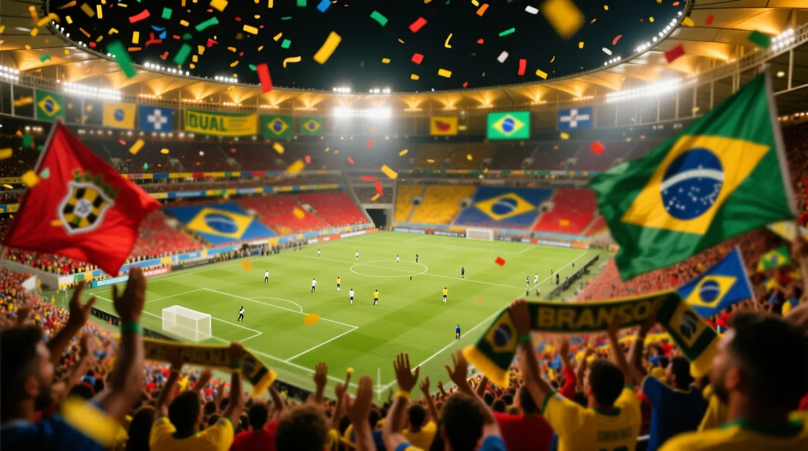 Estádio brasileiro lotado com adeptos a apoiar a equipa num ambiente vibrante de futebol sul-americano
