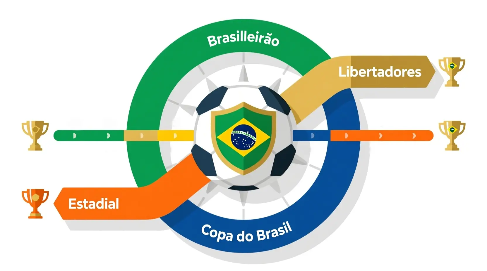 Diagrama visual mostrando as múltiplas competições das equipas brasileiras: Brasileirão, Libertadores, Copa do Brasil