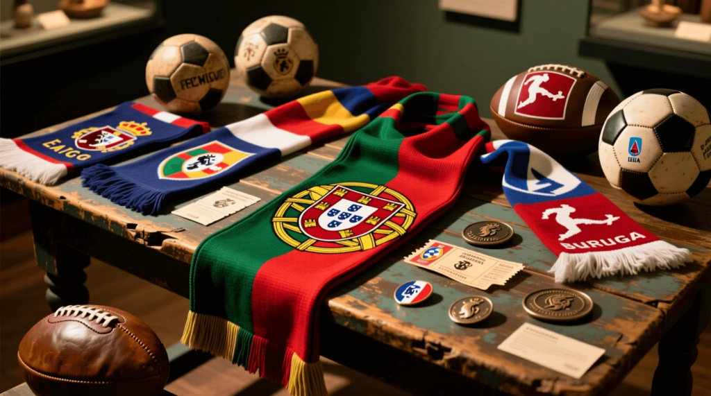 Colecção de cachecóis de futebol de diferentes ligas europeias com destaque para o futebol português