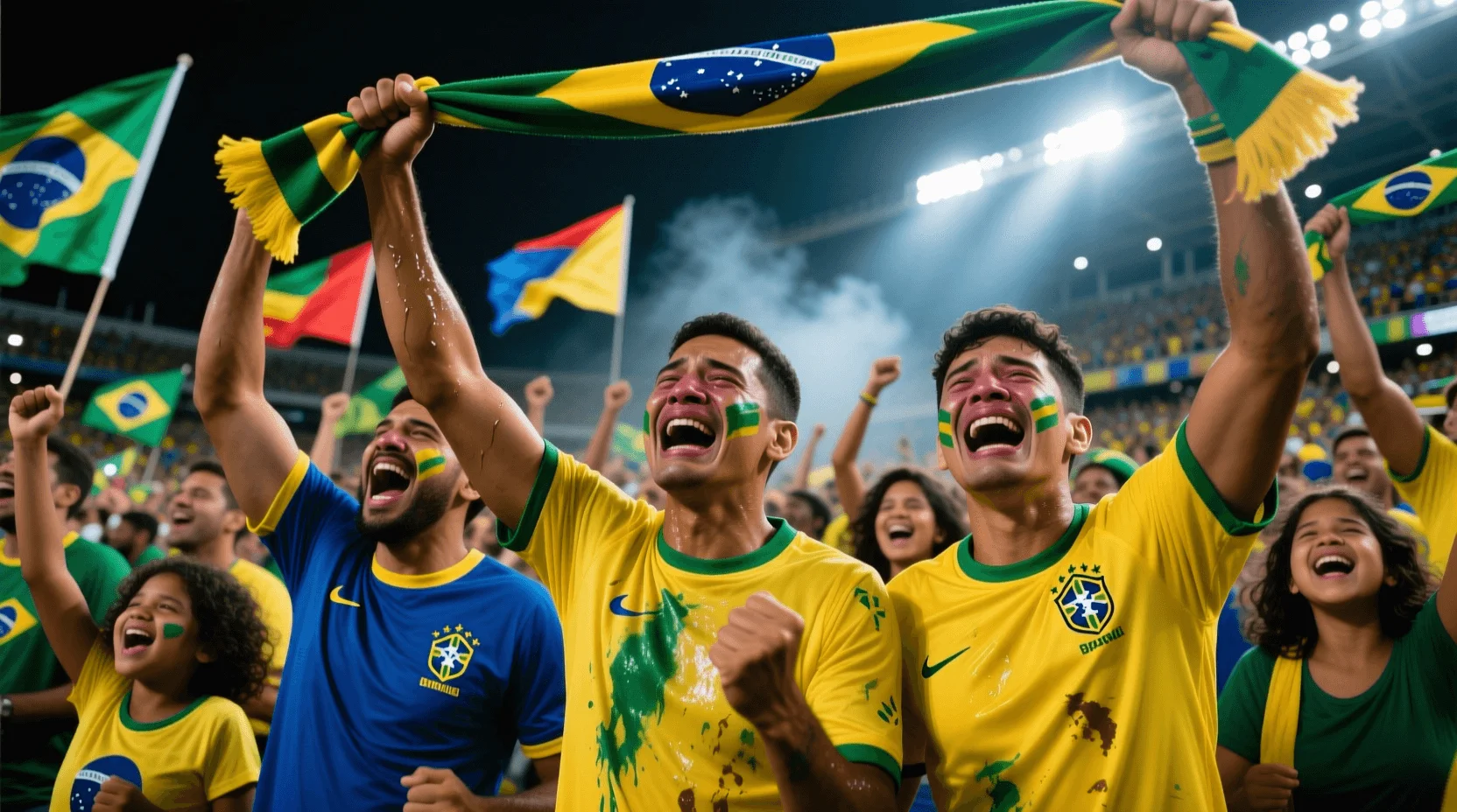 Adeptos brasileiros vibrantes nas bancadas com bandeiras e cânticos a apoiar a sua equipa
