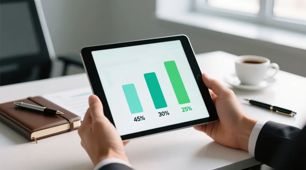 Tablet mostrando gráficos de probabilidades e odds para análise de apostas desportivas