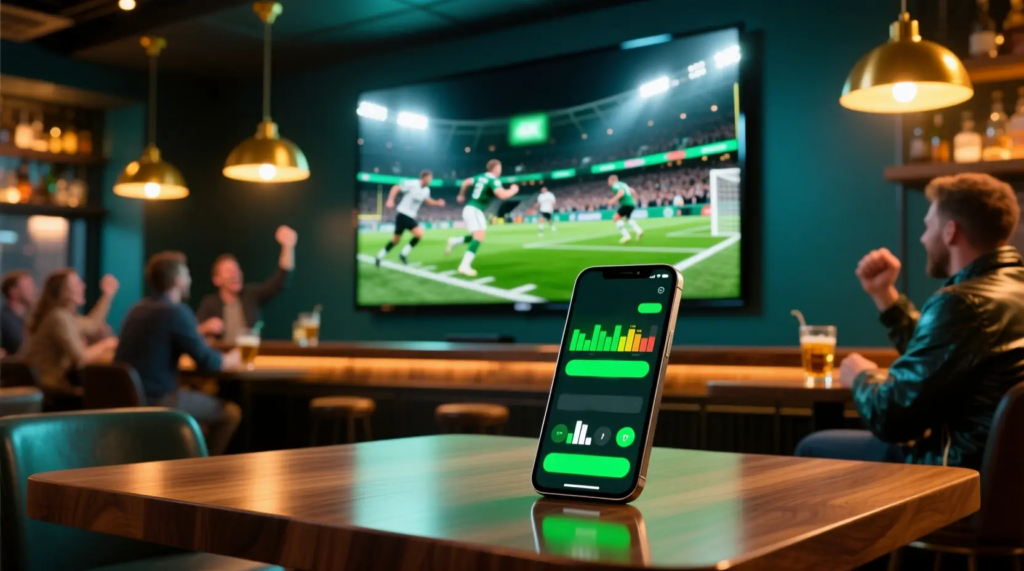 Ambiente de bar desportivo moderno durante um jogo de futebol com smartphone mostrando aplicação de apostas