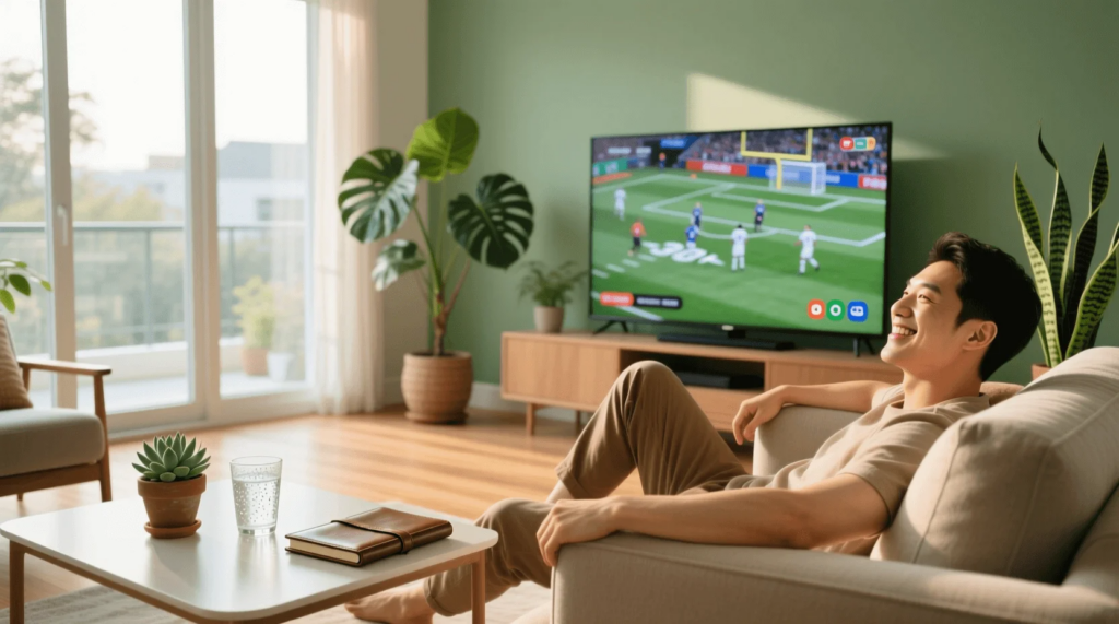 Pessoa relaxada a ver futebol numa sala de estar moderna e acolhedora, transmitindo equilíbrio e bem-estar