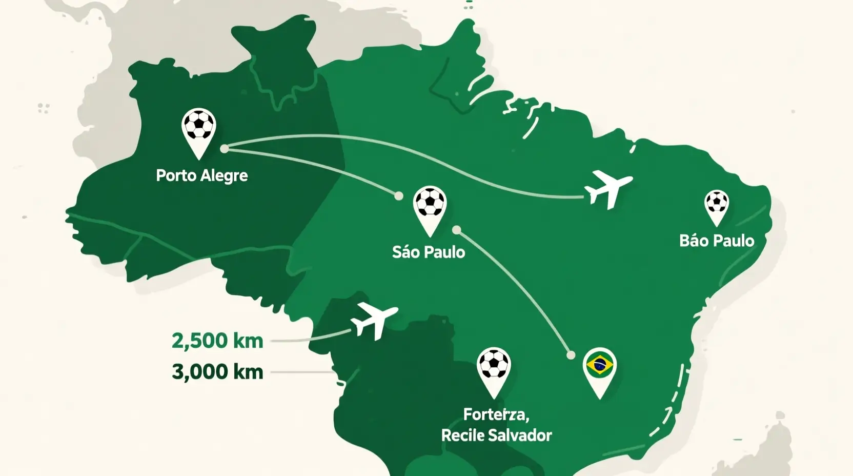 Mapa do Brasil com linhas mostrando as grandes distâncias entre cidades com equipas do Brasileirão