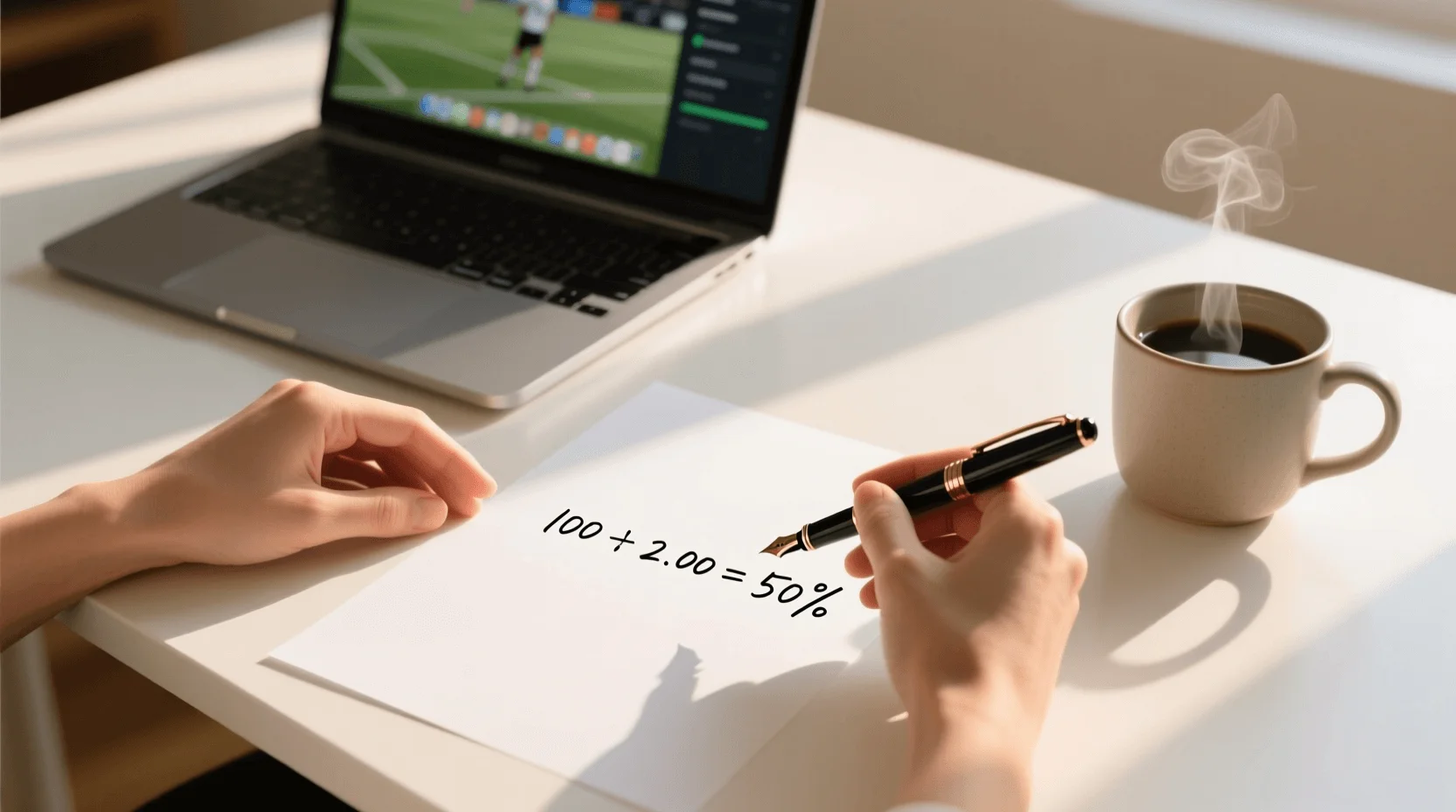 Mão a apontar para fórmula matemática de cálculo de probabilidade implícita nas odds