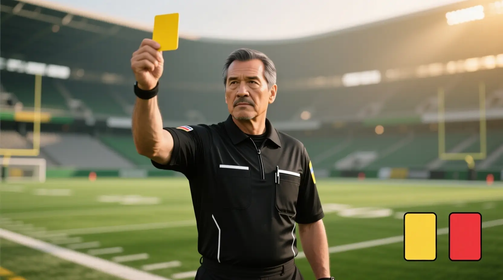 Árbitro de futebol a mostrar cartão amarelo com estatísticas de média de cartões sobrepostas