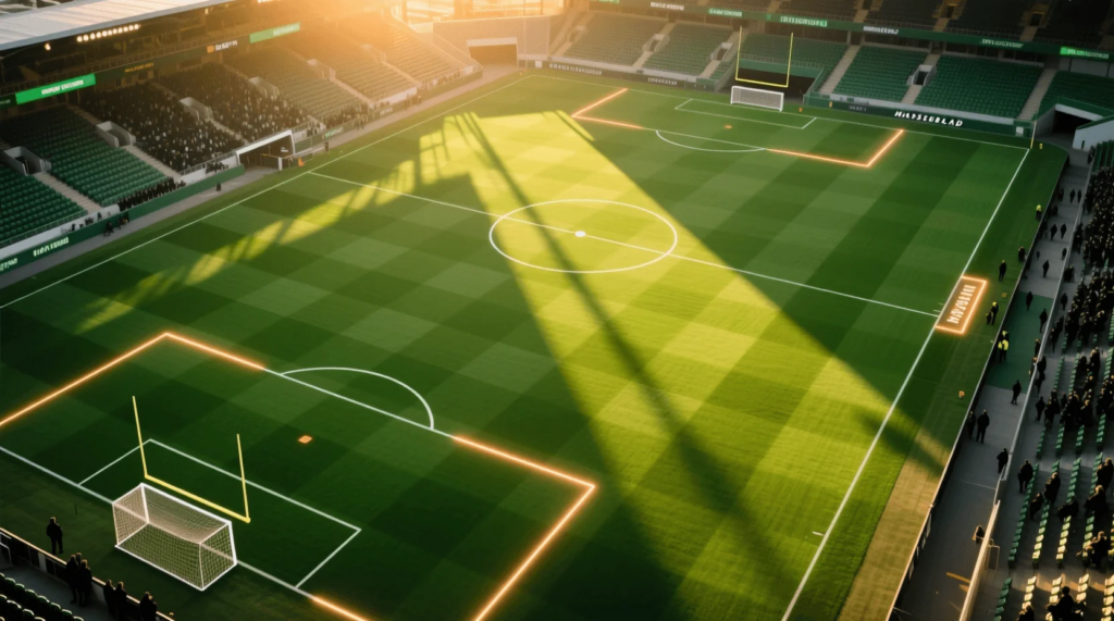Vista aérea de campo de futebol profissional ao pôr do sol mostrando diferentes zonas de jogo