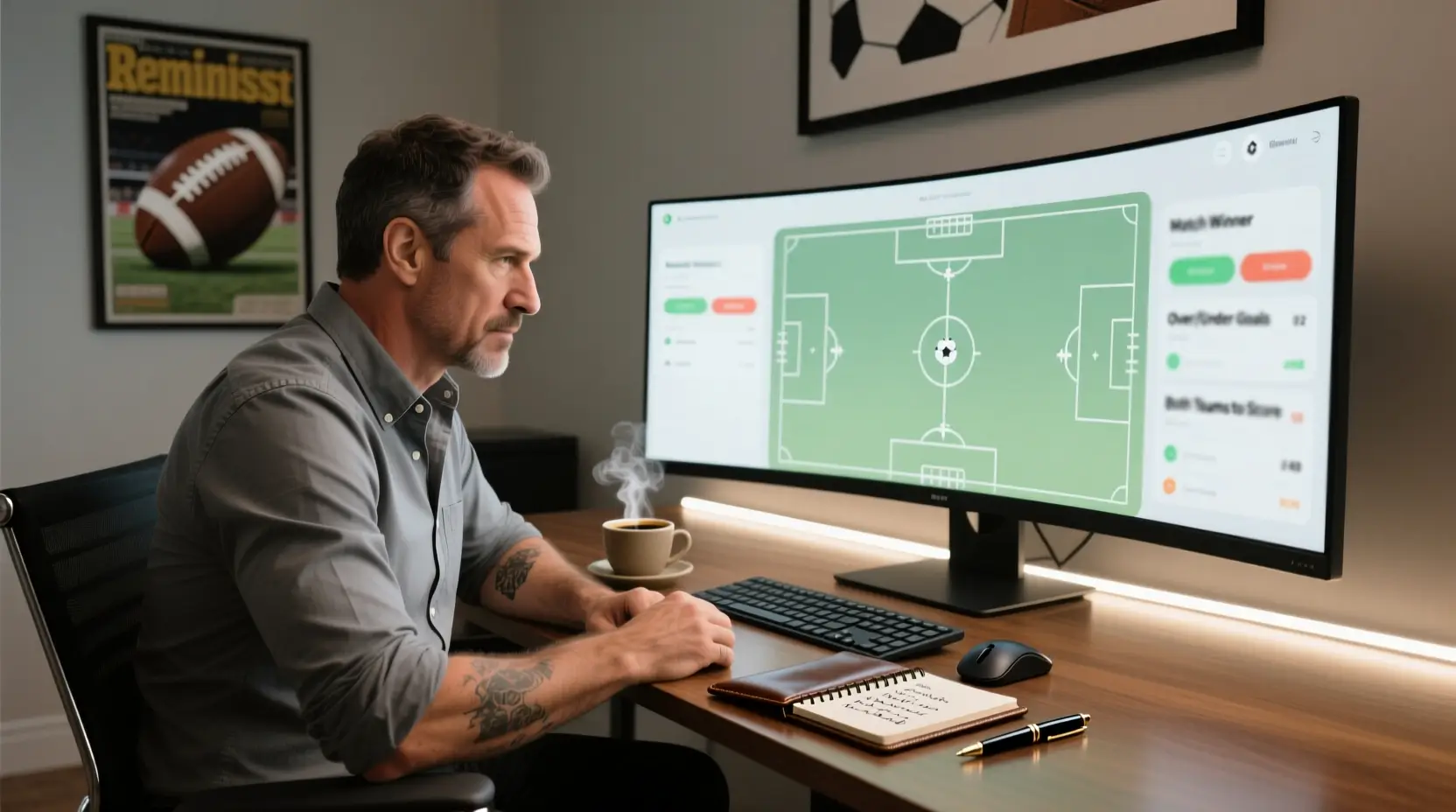 Apostador profissional a analisar múltiplos mercados de apostas num ecrã moderno com gráficos de futebol