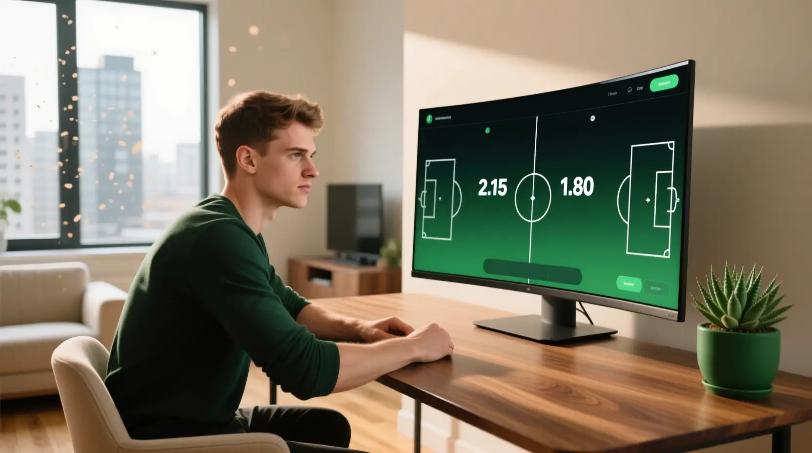 Apostador a analisar odds de futebol num ecrã de computador em ambiente moderno